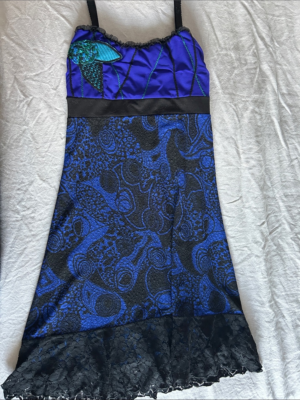 Blue & Black Midi Dress with Lace Trim